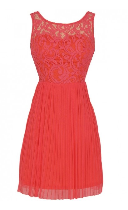 Perennial Garden Lace and Pleated Tulle Dress in Coral